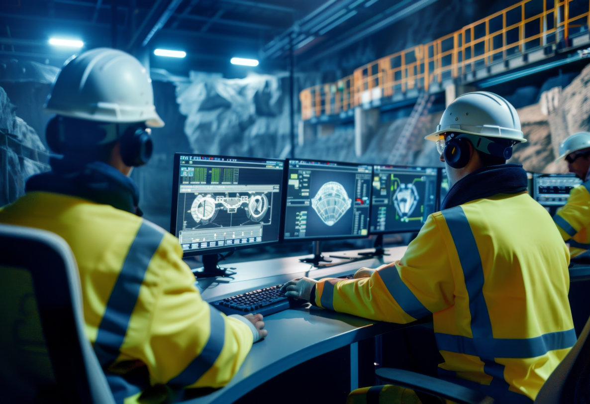 shot of two individuals seated at a control panel monitoring multiple computer screens
